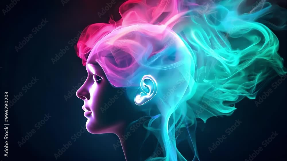 A colorful, abstract representation of a woman's profile with flowing, smoke-like hair in vibrant hues. A colorful, abstract representation of a woman's profile with flowing, smoke-like hair in vibrant hues.