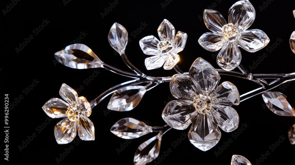 Beautifully intricate crystal flowers and leaves illuminated to showcase their radiant glow, set against a dark background for contrast Beautifully intricate crystal flowers and leaves illuminated to showcase their radiant glow, set against a dark background for contrast