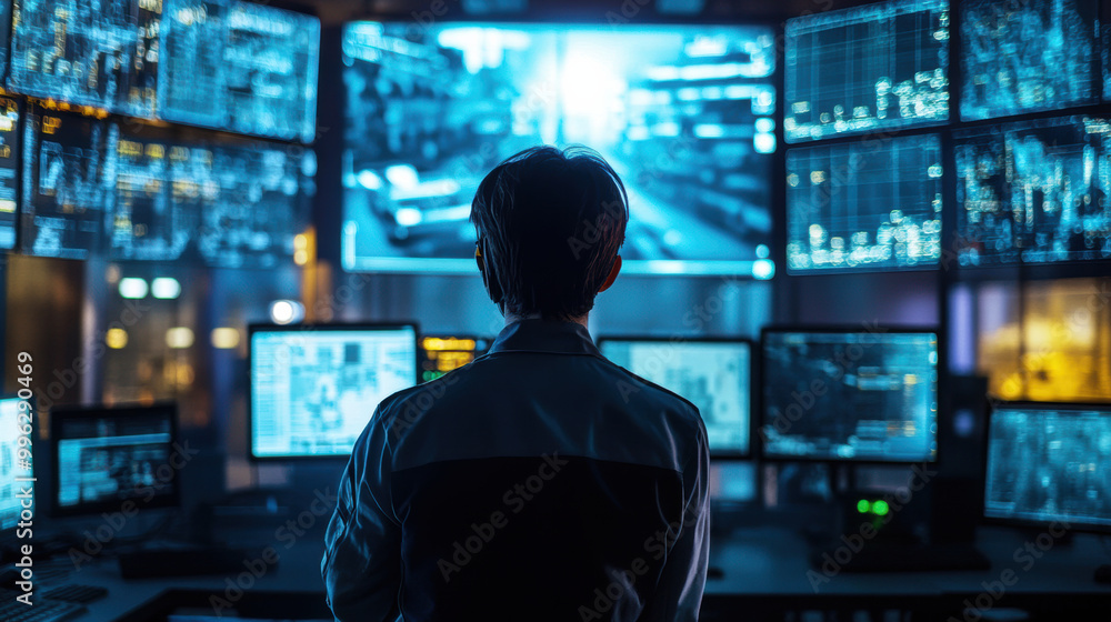 image depicts person monitoring multiple screens in high tech control room, showcasing centralized monitoring system that ensures safety and security image depicts person monitoring multiple screens in high tech control room, showcasing centralized monitoring system that ensures safety and security