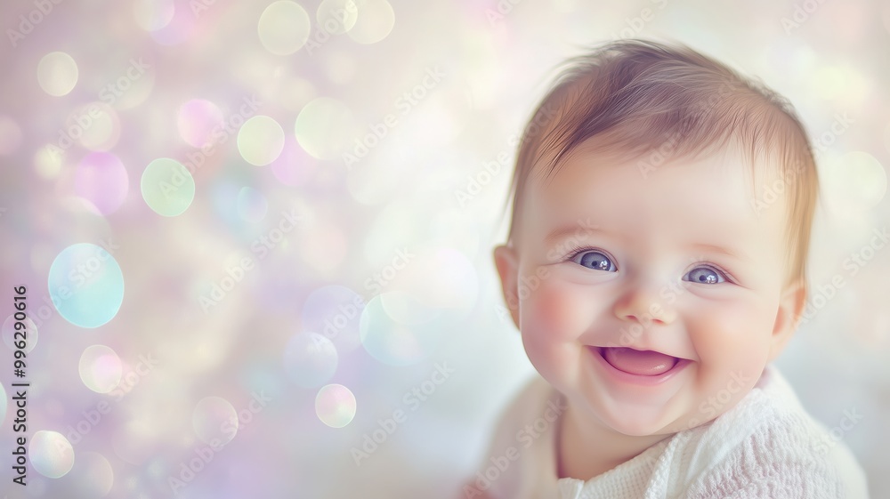 Happy baby smiling against a warm, golden bokeh background, creating a soft and joyful atmosphere. Happy baby smiling against a warm, golden bokeh background, creating a soft and joyful atmosphere.