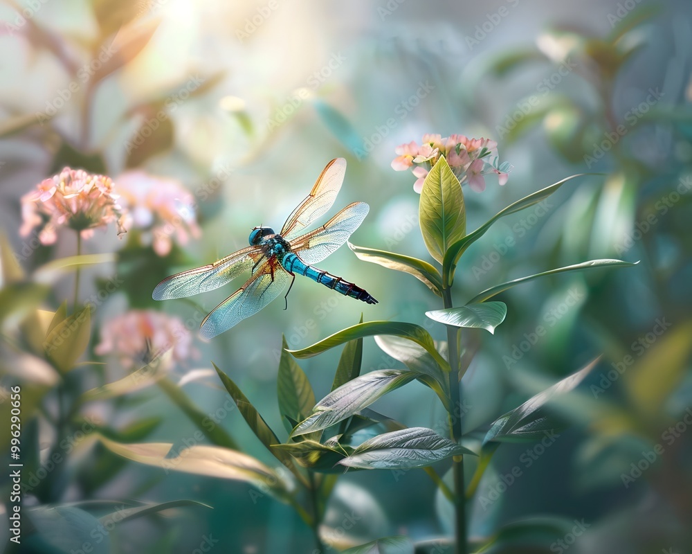 Naklejka premium Vibrant Dragonfly in Augmented Reality Garden with Blooming Flowers and Lush Greenery