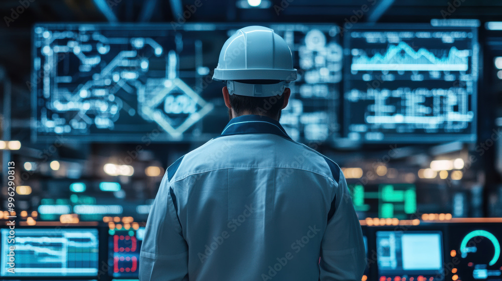 technician in hard hat observes data on multiple screens, showcasing advanced monitoring solutions in high tech environment. atmosphere conveys focus and innovation technician in hard hat observes data on multiple screens, showcasing advanced monitoring solutions in high tech environment. atmosphere conveys focus and innovation