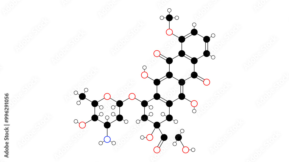 Naklejka premium epirubicin molecule, structural chemical formula, ball-and-stick model, isolated image antineoplastic agents
