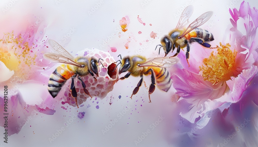 Fototapeta premium Charming bees buzzing around a beehive, with soft pastel colors and playful expressions.