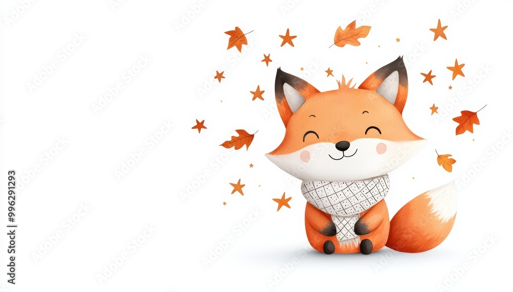 Charming illustration of a smiling fox in a scarf, with whimsical stars and autumn leaves floating around. Charming illustration of a smiling fox in a scarf, with whimsical stars and autumn leaves floating around.