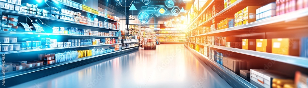 Supermarket Aisle with Digital Interface Overlay. Supermarket Aisle with Digital Interface Overlay.