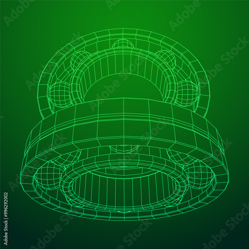 Roller bearing. Circular round rotating bearings used in industry for heavy equipment mechanical work and engineering. Wireframe low poly mesh vector illustration.