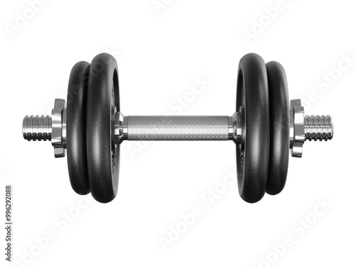 Black adjustable dumbbell, weightlifting gym equipment, side view. Png clipart isolated on transparent background	 photo