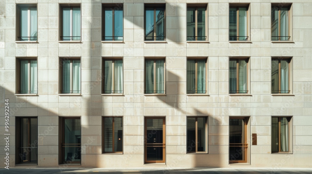 Obraz premium Modern Parisian building, minimalist facade, complete wall with windows and doors, warm sunlight, peaceful urban environment, no people around.