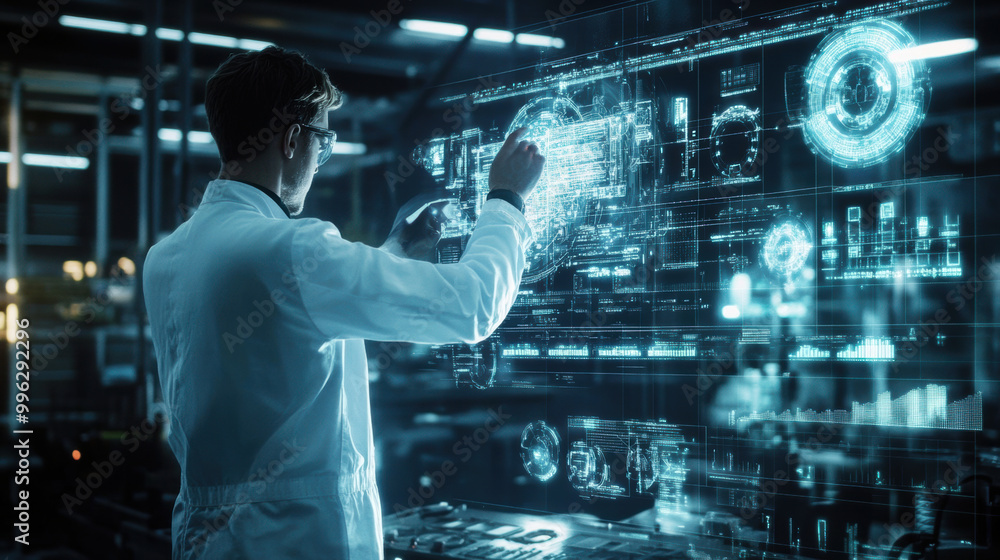 scientist in lab coat interacts with holographic display, visualizing complex data and technology. scene conveys innovation and advanced research in modern environment