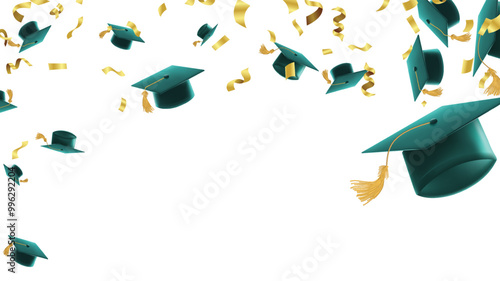 Greeting banner for design of graduation  Falling graduation caps, golden confetti and serpentine. Congratulations graduates