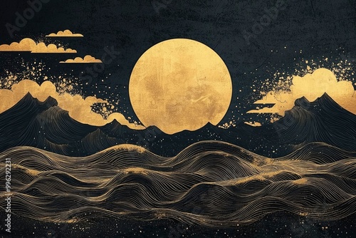 Abstract Gold and Black Mountain Landscape with Moon photo