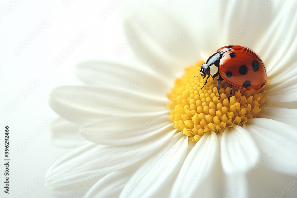 Obraz premium Beautiful red ladybug perched on a white daisy in a summer garden