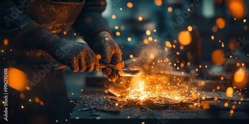 Blacksmith at Work, creating intricate designs, surrounded by materials, illuminated by soft, ambient light, showcasing artistry and craftsmanship photo