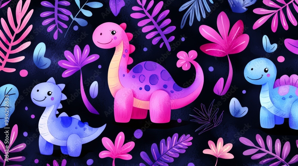 Fototapeta premium Happy dinosaurs in a magical jungle with neon-colored leaves and flowers, celebrating prehistoric fun.