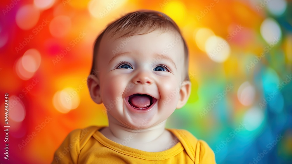 Joyful baby laughing against a vibrant, colorful bokeh background, capturing a playful and cheerful mood with bright lighting. Joyful baby laughing against a vibrant, colorful bokeh background, capturing a playful and cheerful mood with bright lighting.