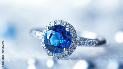 A detailed close-up of a sapphire ring on a white background, emphasizing gemstone beauty and elegance.