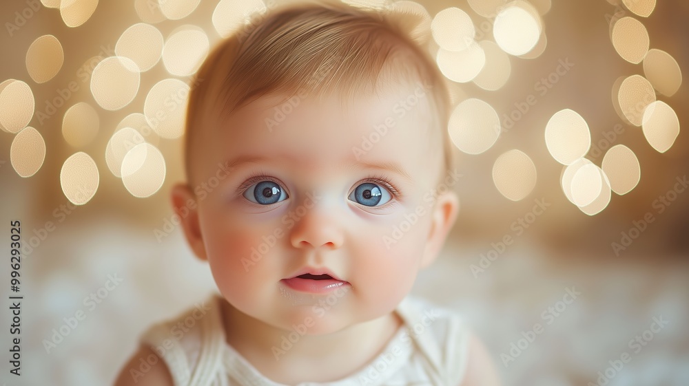 Happy baby smiling against a warm, golden bokeh background, creating a soft and joyful atmosphere. Happy baby smiling against a warm, golden bokeh background, creating a soft and joyful atmosphere.