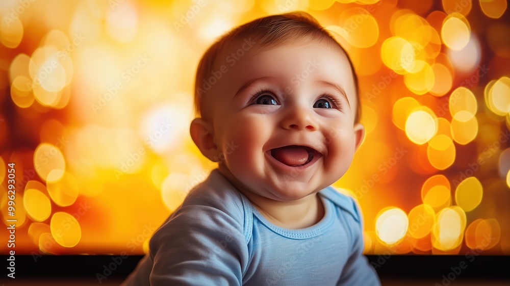 Joyful baby laughing against a vibrant, colorful bokeh background, capturing a playful and cheerful mood with bright lighting. Joyful baby laughing against a vibrant, colorful bokeh background, capturing a playful and cheerful mood with bright lighting.