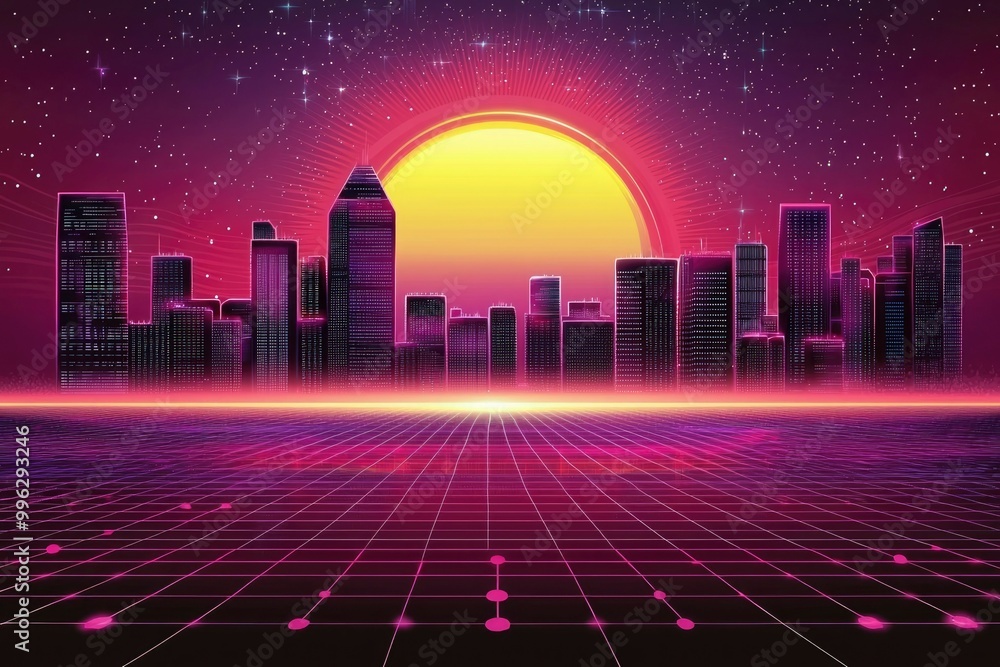 Retrofuturistic Cityscape with Grid and Sunset Retrofuturistic Cityscape with Grid and Sunset