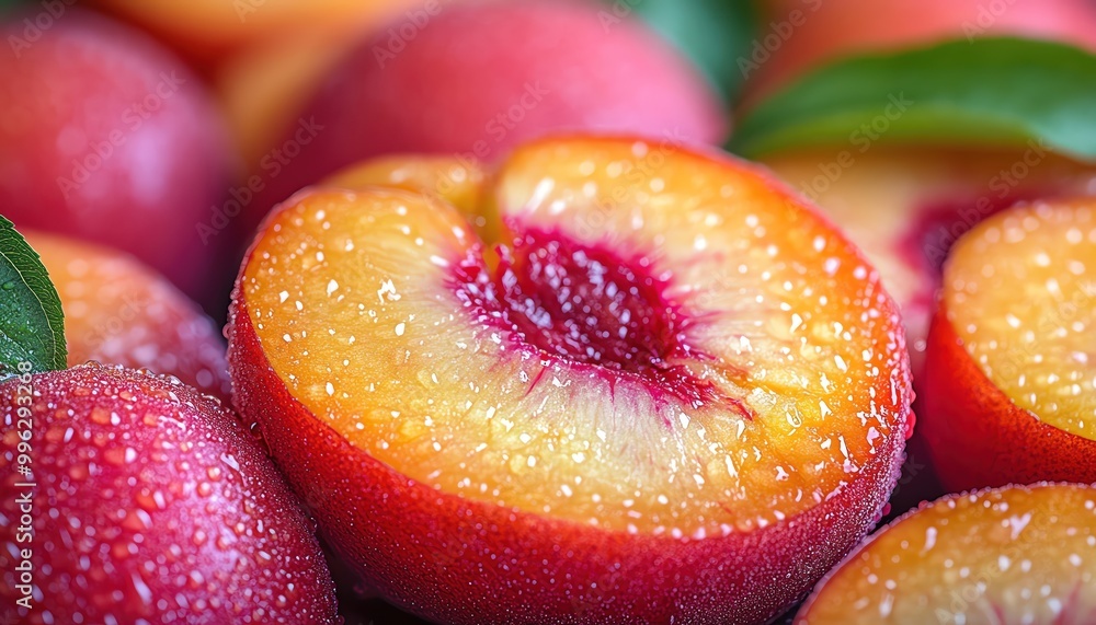 Fresh, juicy peach with slices, bright and vibrant, ready to be enjoyed Fresh, juicy peach with slices, bright and vibrant, ready to be enjoyed
