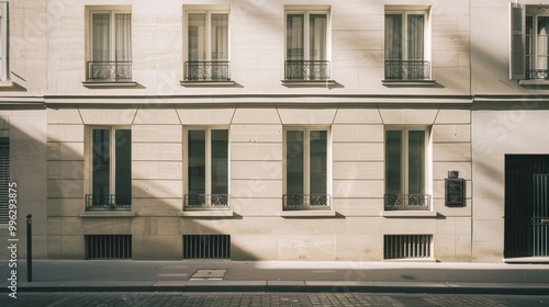 Modern Parisian building, minimalist facade, facing a wall with windows and doors, sunny afternoon light, peaceful urban scene, no people around.