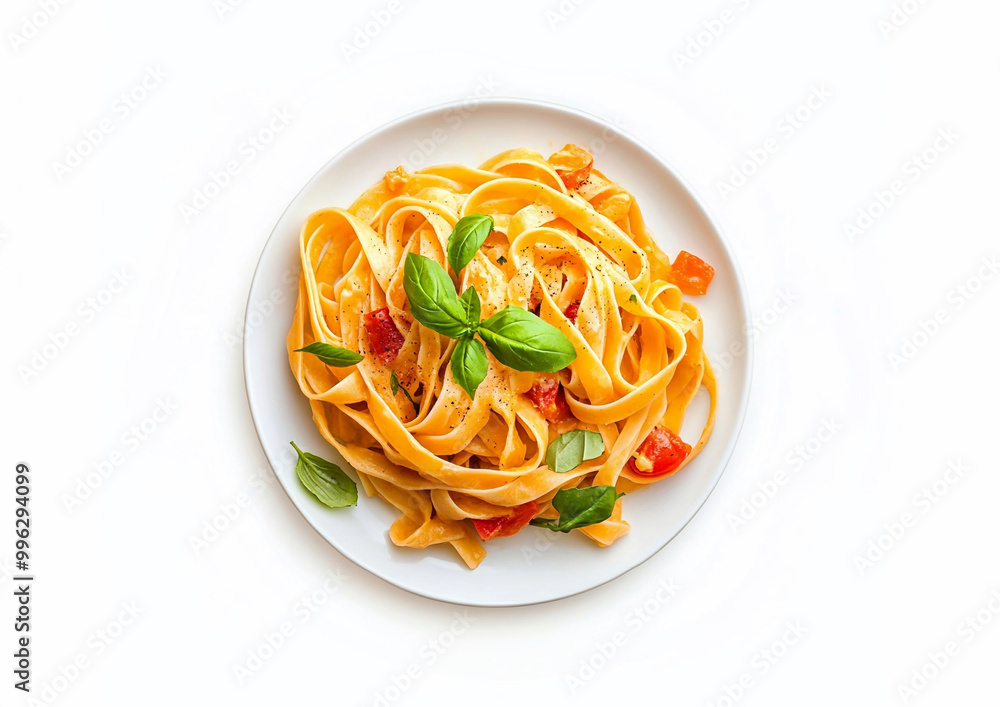 Plate with pasta and basil and tomato sauce on white background.Top view.AI Generative. Plate with pasta and basil and tomato sauce on white background.Top view.AI Generative.