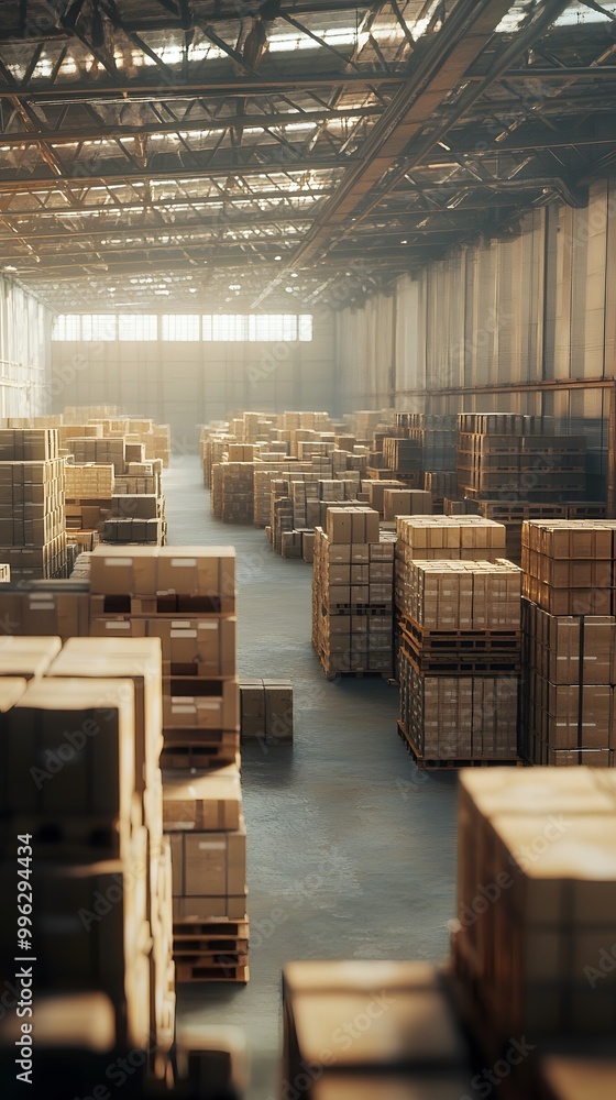 Shot of a large warehouse with neatly stacked boxes and pallets filled with goods, creating an atmosphere that evokes the essence of modern storage technology