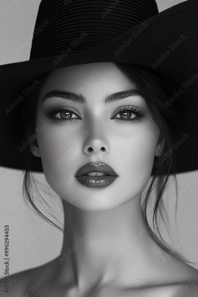 Stylish woman in blackandwhite, dramatic hat, high fashion look Stylish woman in blackandwhite, dramatic hat, high fashion look
