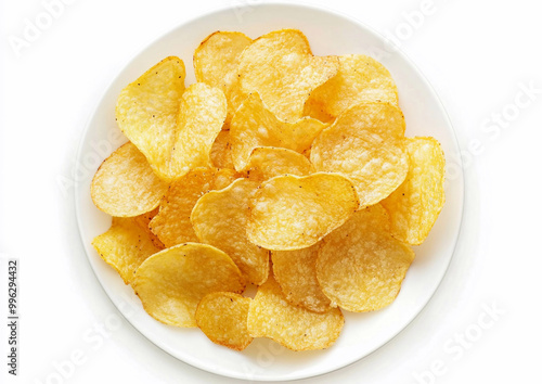 Plate with classic salted potato crisps chips snack on white background.Top view.AI Generative.