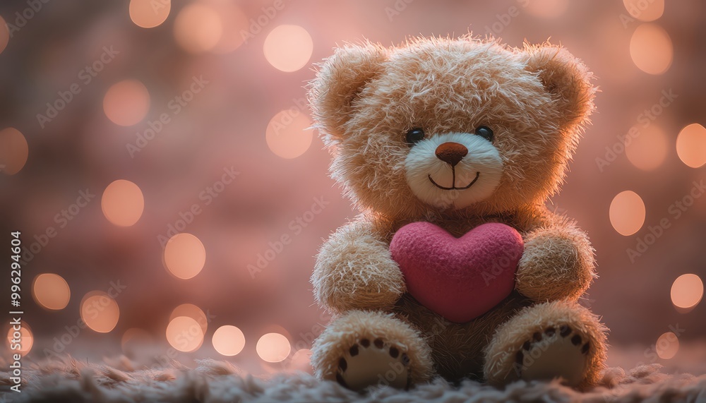 Teddy bear holding a heart, set against a soft, pink bokeh background, symbolizing love and warmth Teddy bear holding a heart, set against a soft, pink bokeh background, symbolizing love and warmth