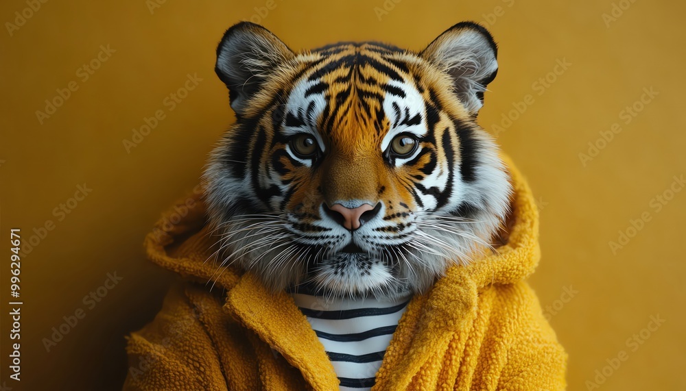 Tiger in yellow jacket and striped shirt, yellow backdrop, anthropomorphic fashion Tiger in yellow jacket and striped shirt, yellow backdrop, anthropomorphic fashion