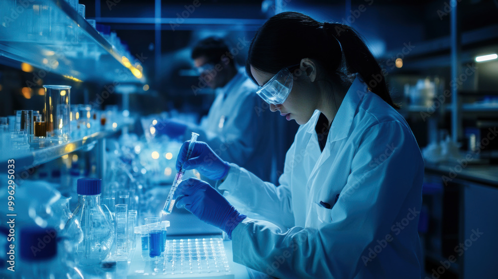 dedicated scientist in lab coat conducts research with precision, using pipette to transfer liquid in well lit laboratory filled with various glassware dedicated scientist in lab coat conducts research with precision, using pipette to transfer liquid in well lit laboratory filled with various glassware