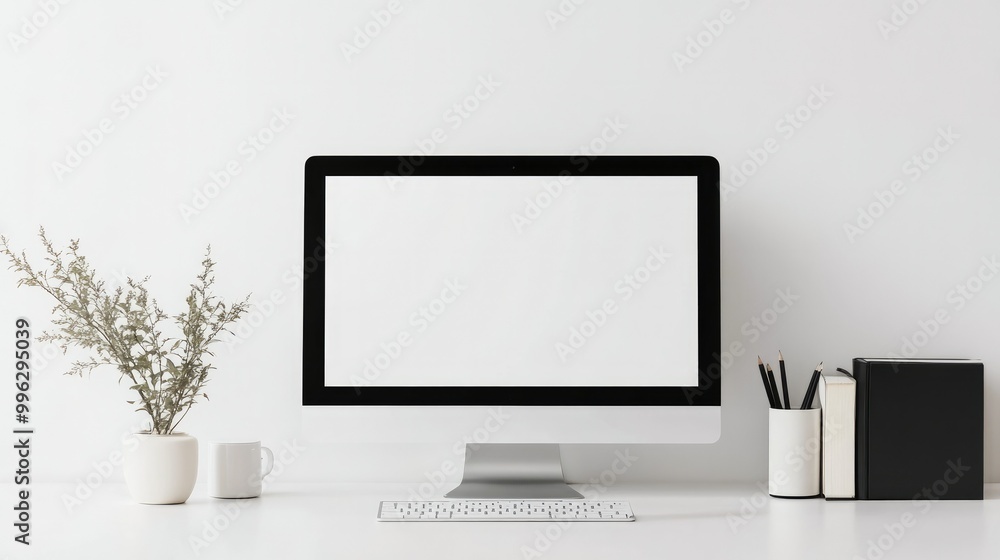 A minimalist setup featuring a white desktop computer with a blank screen against a white backdrop, highlighting a clean and tech-focused design. A minimalist setup featuring a white desktop computer with a blank screen against a white backdrop, highlighting a clean and tech-focused design.
