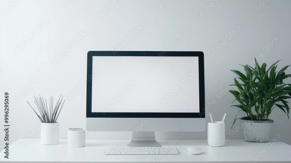 Fototapeta premium A minimalist setup featuring a white desktop computer with a blank screen against a white backdrop, highlighting a clean and tech-focused design.