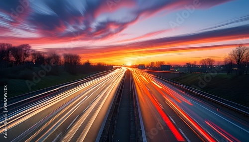 Vibrant sunset highway with dynamic motion blur and captivating light trails in long exposure photography