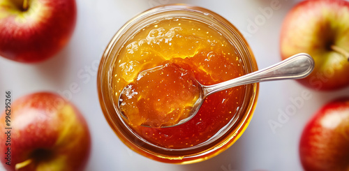 Spoonful of golden apple jam in jar with apples on white surface. photo