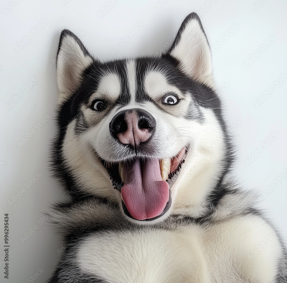 Playful husky with wide eyes and tongue out in funny pose. Playful husky with wide eyes and tongue out in funny pose.