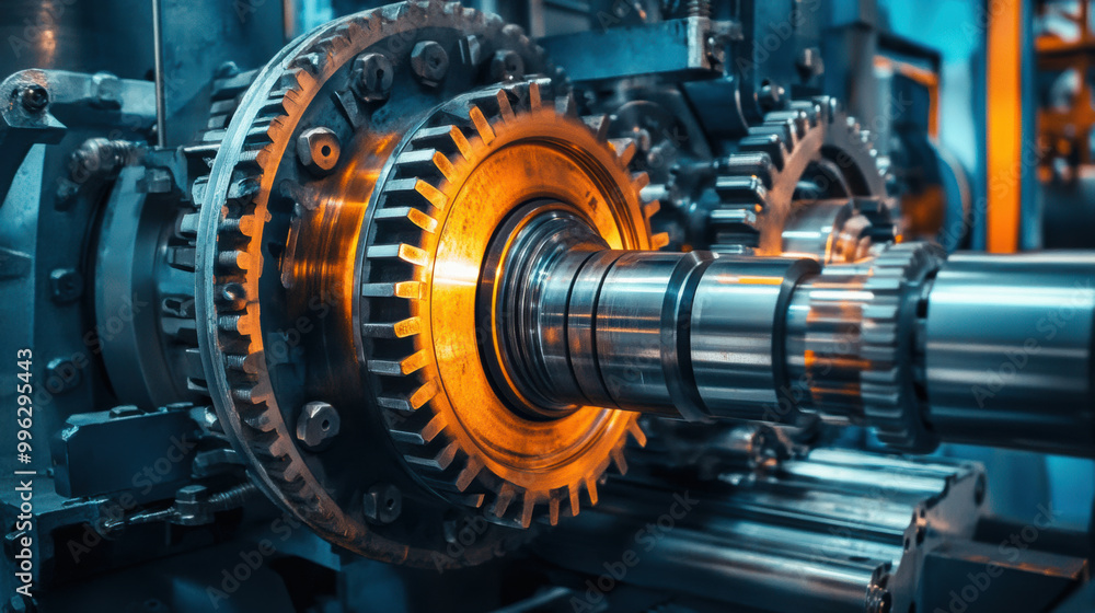 High quality close up of industrial machinery showcasing gears and mechanical components, emphasizing precision and engineering excellence High quality close up of industrial machinery showcasing gears and mechanical components, emphasizing precision and engineering excellence