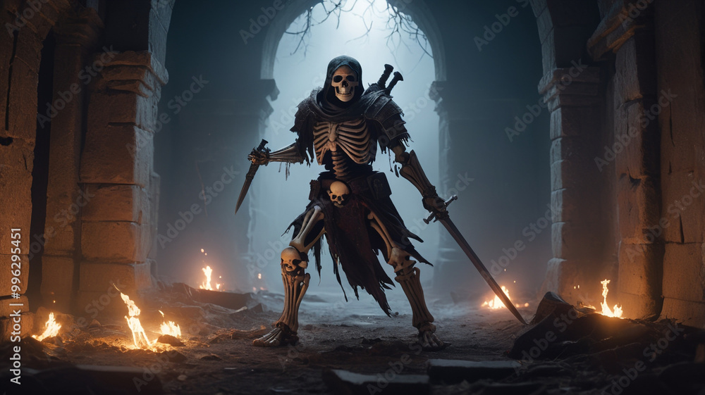 Dramatic Skeleton Warrior Emerges from Dark Cobwebs Dramatic Skeleton Warrior Emerges from Dark Cobwebs