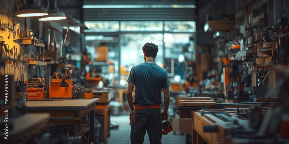 Carpenter packing tools, workshop exit in soft focus, bright lights illuminating a tidy end-of-day atmosphere Carpenter packing tools, workshop exit in soft focus, bright lights illuminating a tidy end-of-day atmosphere