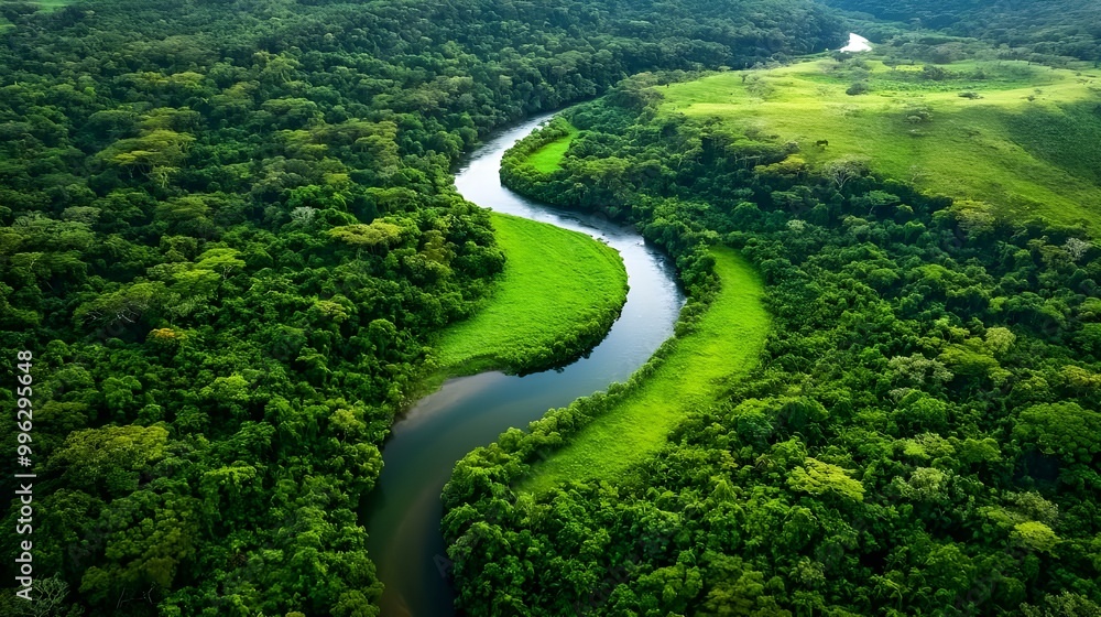 Aerial view of a winding river surrounded by lush green forests, showcasing the beauty of nature and its serene landscape. Aerial view of a winding river surrounded by lush green forests, showcasing the beauty of nature and its serene landscape.