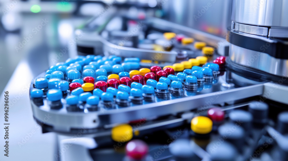 Automated machinery in pharmaceutical lab showcases colorful pills, highlighting precision of quality control in analytical processes. vibrant colors reflect meticulous nature of industry Automated machinery in pharmaceutical lab showcases colorful pills, highlighting precision of quality control in analytical processes. vibrant colors reflect meticulous nature of industry