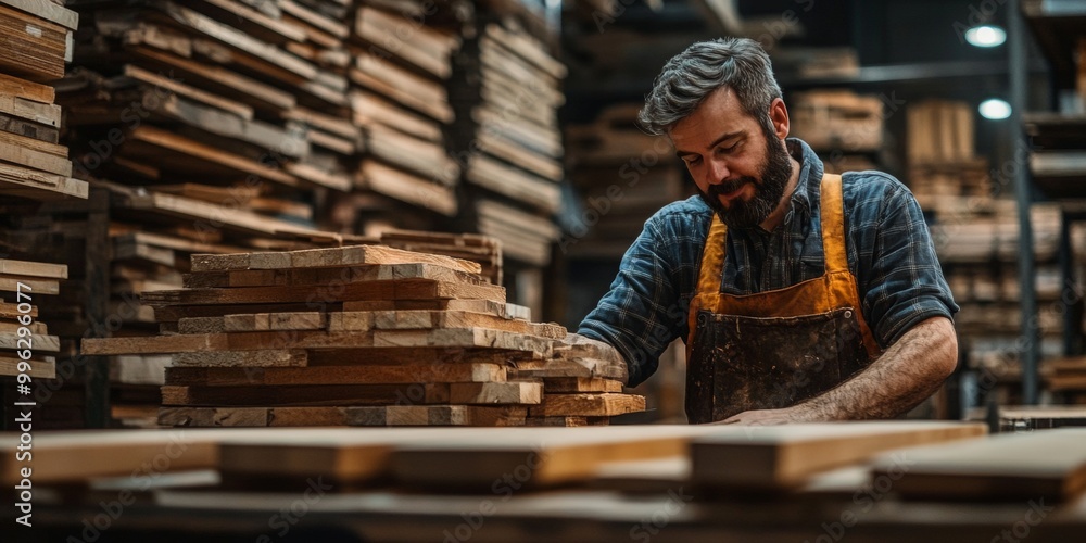 Carpenter arranging crafted wooden items, soft focus on storage backdrop, warm light highlighting skilled workmanship Carpenter arranging crafted wooden items, soft focus on storage backdrop, warm light highlighting skilled workmanship