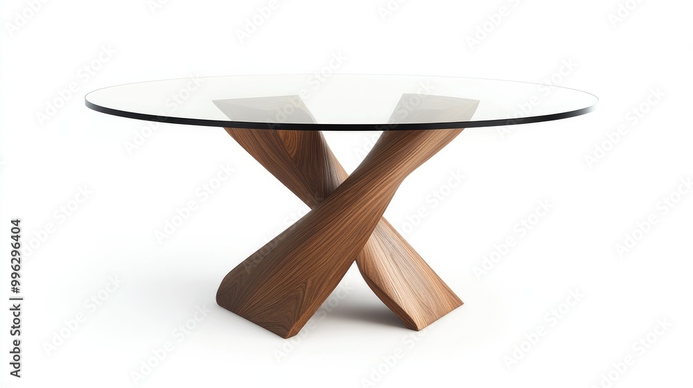 A round glass dining table with a wooden base, positioned on a white background, highlighting elegance and simplicity. A round glass dining table with a wooden base, positioned on a white background, highlighting elegance and simplicity.
