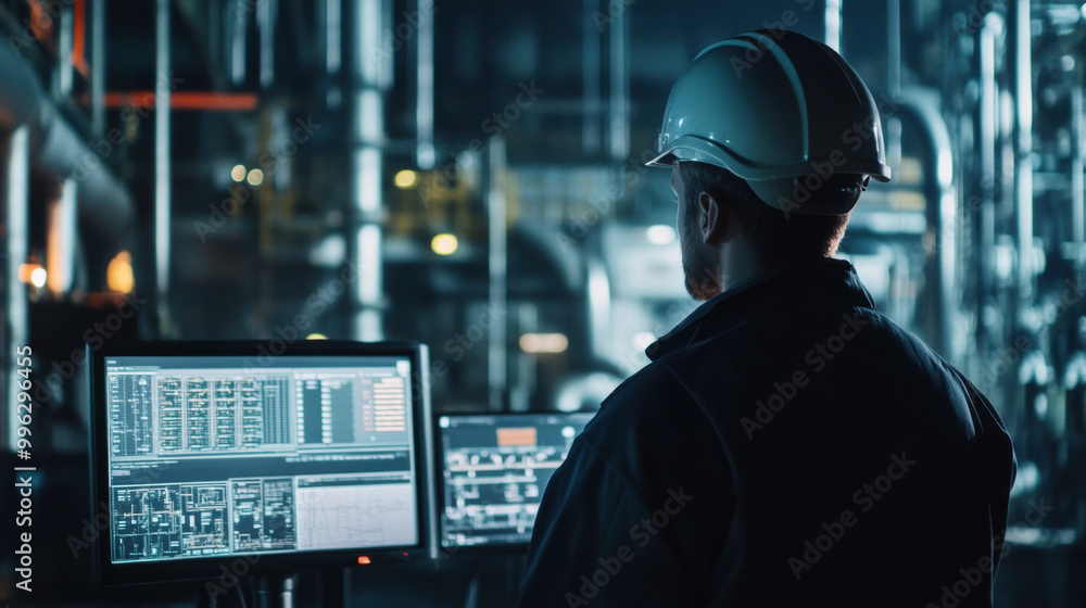 worker in hard hat monitors production metrics on multiple screens in industrial setting, showcasing real time data analysis and operational efficiency worker in hard hat monitors production metrics on multiple screens in industrial setting, showcasing real time data analysis and operational efficiency