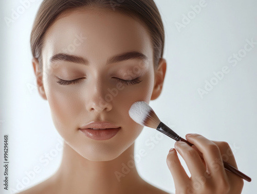 Woman applying makeup with eyes closed, focused on her skincare routine.