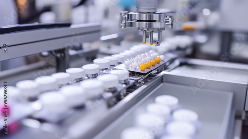 Automated robotic systems are efficiently handling packaging and labeling of pharmaceutical products in modern production facility. precision and speed of this technology enhance productivity and