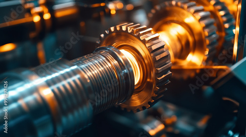 High tech industrial machinery in action, showcasing intricate gears and mechanical components. glowing elements symbolize innovation and advanced engineering