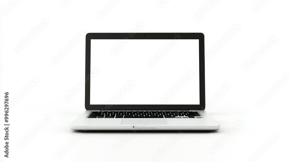 A sleek silver laptop with a blank white screen, set against a white background, ideal for tech product displays or digital marketing concepts. A sleek silver laptop with a blank white screen, set against a white background, ideal for tech product displays or digital marketing concepts.